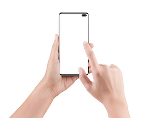 Isolated female hand holding a cellphone with clipping path, Woman typing on mobile phone isolated on white background.