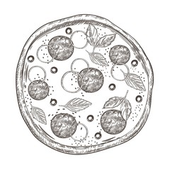 Pizza with sausage, onion rings, basil and olives.Vintage graphics.