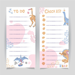 Set of two printable template of to do and check list page decorated with hand drawn dinosaurus and abstract strokes in scandinavian style.
