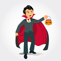 Cute cartoon  boy in vampire costume with a pumpkin bag for sweets trick or treat isolated on white background