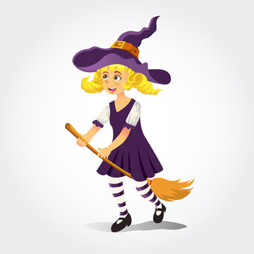 Cute cartoon girl in witch costume isolated on white background