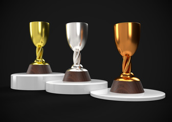 Gold Silver & Bronze Trophy Champions Winner 3D Render