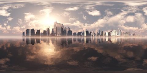 City on the sea. A modern city above the water. Environment map. HDRI . equidistant projection. Spherical panorama. landscape. © ustas