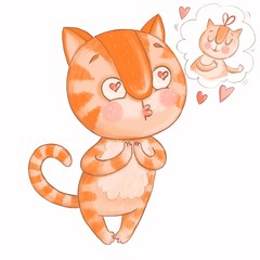 Cute red cat in love with a beautiful cat and dreams of her