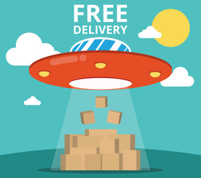 Concept of the delivery service. Flat vector illustration UFO and boxes.