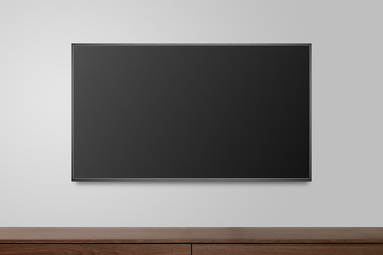 Television on white wall, TV 4K flat screen lcd or oled, plasma realistic illustration, Black blank HD monitor mockup.