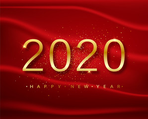 2020 Happy new year. Gold Numbers Design of greeting card on a red background. Gold Shining Pattern. Happy New Year Banner with 2020 Numbers on Bright Background. Vector illustration.