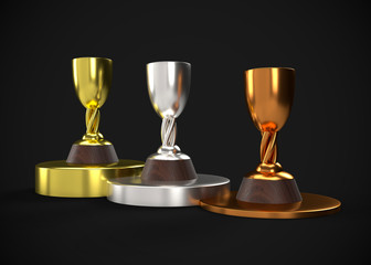 Gold Silver & Bronze Trophy Champions Winner 3D Render