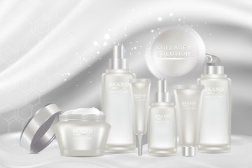 Beauty product ad design, white cosmetic containers with collagen solution advertising background ready to use, luxury skin care banner, illustration vector.	