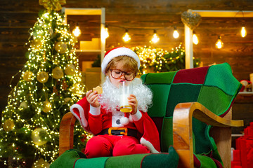 Santa Claus kid enjoys cookies and milk. Christmas eve. Santa picking cookie. Santa Claus holding Christmas cookies and milk against Christmas tree background.