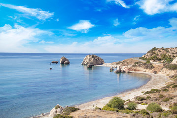 Beautiful view of the birthplace of Aphrodite in Cyprus. Petra tu Romiou, Stone of Aphrodite