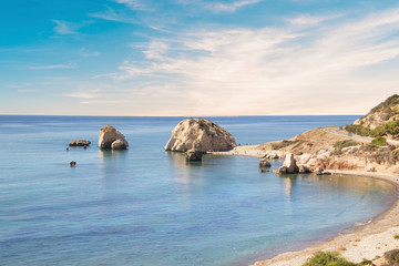 Beautiful view of the birthplace of Aphrodite in Cyprus. Petra tu Romiou, Stone of Aphrodite