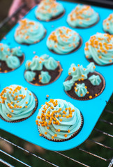 Halloween muffins. Green garden meadow and autumn leaves.