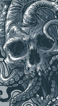 Graphic detailed realistic human heart shaped skull with octopus tentacles. Close up poster. Tattoo outline. Vector icon.