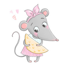 Cute charming little mouse holds a large piece of cheese in her hands