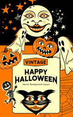 A vintage and retro style halloween party invitation background with classic signs and symbols including ghosts, pumpkins and a black cat. Vector illustration. © James Thew