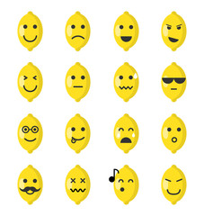 Emoji lemon set. Lemon icons on the white background. Flat cartoon style. Vector illustration.