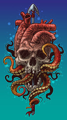 Cartoon graphic colorful detailed realistic human heart shaped skull with octopus tentacles on metal spear. Isolated on blue background. Tattoo outline. Vector icon. © GB_Art
