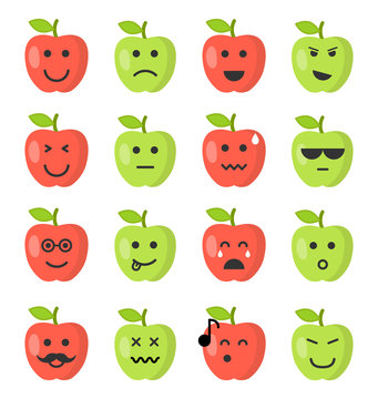 Emoji apple set. Apple icons on the white background. Flat cartoon style. Vector illustration.