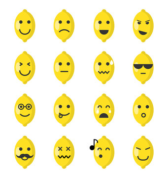 Emoji lemon set. Lemon icons on the white background. Flat cartoon style. Vector illustration.