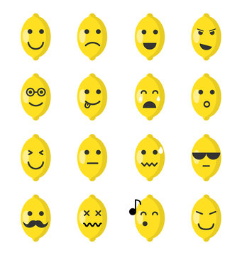 Emoji lemon set. Lemon icons on the white background. Flat cartoon style. Vector illustration.