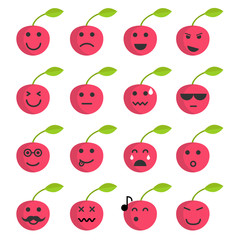 Emoji cherry set. Cherry icons on the white background. Flat cartoon style. Vector illustration.