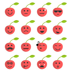 Emoji cherry set. Cherry icons on the white background. Flat cartoon style. Vector illustration.