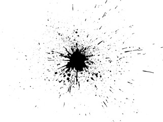Black paint, ink splash, brushes ink droplets, blots. Black ink splatter background, isolated on white.