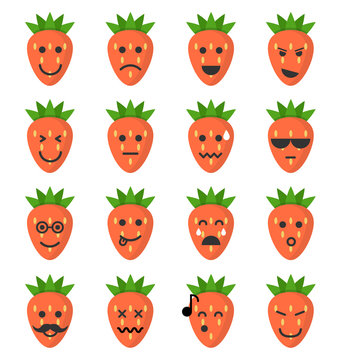 Emoji strawberry set. Strawberry icons on the white background. Flat cartoon style. Vector illustration.