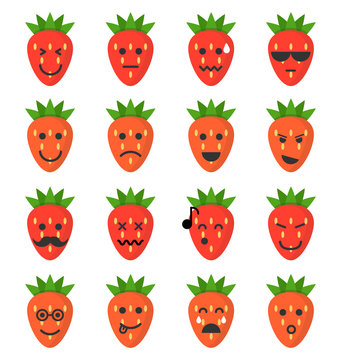 Emoji strawberry set. Strawberry icons on the white background. Flat cartoon style. Vector illustration.