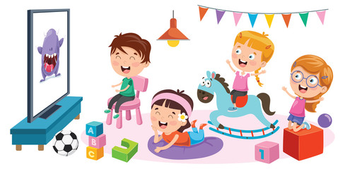 Children Watching Television In Aroom