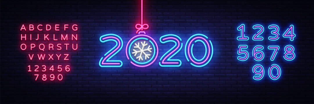 2020 Happy New Year Neon sign Vector. New Year neon poster, design template, modern trend design, night signboard, night bright advertising, light banner, light art. Vector. Editing text neon sign