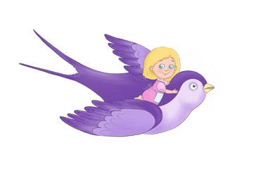 Little cute girl with blond hair, dressed in a pink dress flying on the back of a large bird