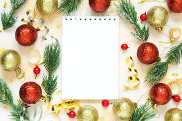 Holiday decorations and notebook. Planning concept. Copy space. Top view. - Image
