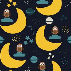 seamless repeat pattern with moons, stars and owls