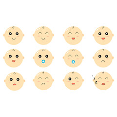Children's vector. Little boys with different emotions on the face. Cute children with a smiling, laughing, disappointed, displeased and sleeping face. Flat style. Vector illustration