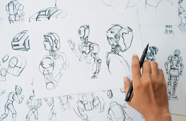 Animator designer Development designing drawing sketching development creating graphic pose characters sci-fi robot Cartoon illustration animation video game film production , animation design studio. © Chaosamran_Studio