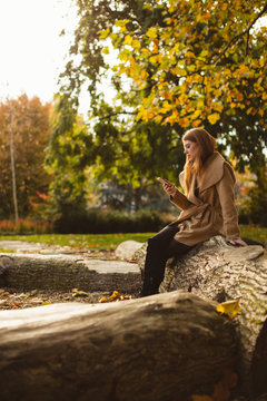 Woman using mobile phone while sitting on a tree trunk