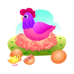 Beautiful hen hatching eggs, Hen and eggs with little chick.