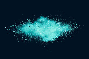 Explosion of aqua color powder on black background. 