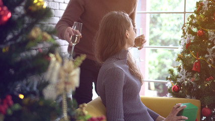 Lovely white couple hugging drinking champagne on Christmas day