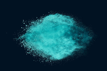 Fototapeta premium Explosion of aqua color powder on black background. 