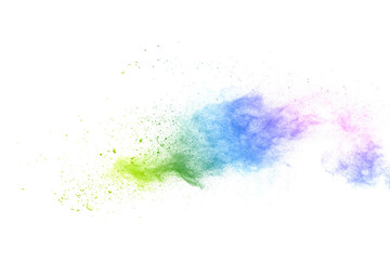 Freeze motion of colorful color powder exploding on white background.  Paint Holi.