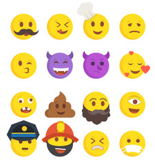High quality collection of 16 icon of cartoon emoji. Flat vector illustration.
