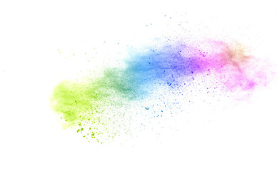 Freeze motion of colorful color powder exploding on white background.  Paint Holi.