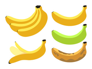 Bananas set in cartoon style. Green, ripe yellow, old brown bananas. Vector illustration.