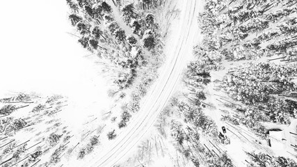 Winter snow covered pine forests and road bird's eye view