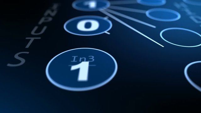 Futuristic diagram showing how computer neural network works including internal hidden calculations, data propagation and final decision making. Shown neurons, summarizing and activation processes.