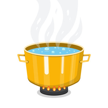 Boiling water in pan. Cooking pot on stove with water and steam. Flat cartoon style. Vector illustration.