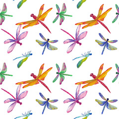 Watercolor hand drawn different color dragonflys in seamless pattern on white background. Design for textile, wallpaper, backgrounds and packaging. Raster multicolor illustration.